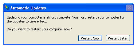 Updating your computer is almost complete. You must restart your computer for the updates to take effect. Do you want to restart your computer now? Restart Now. Restart Later.